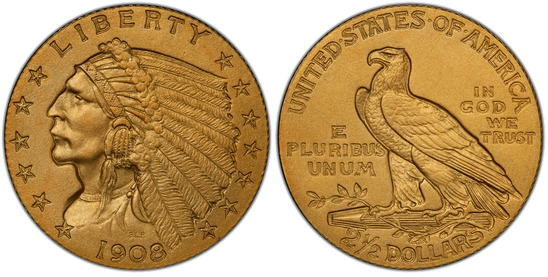 1908 Indian Head Quarter Eagle — the first year of Bela Lyon Pratt's incuse design